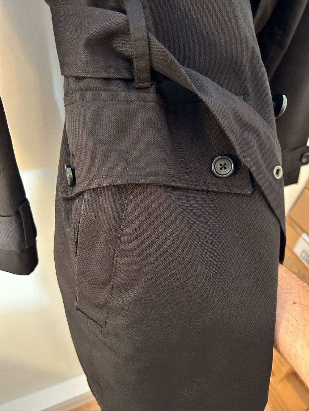 Men's Black Trench Coat with Belted Waist - Picture 9 of 10
